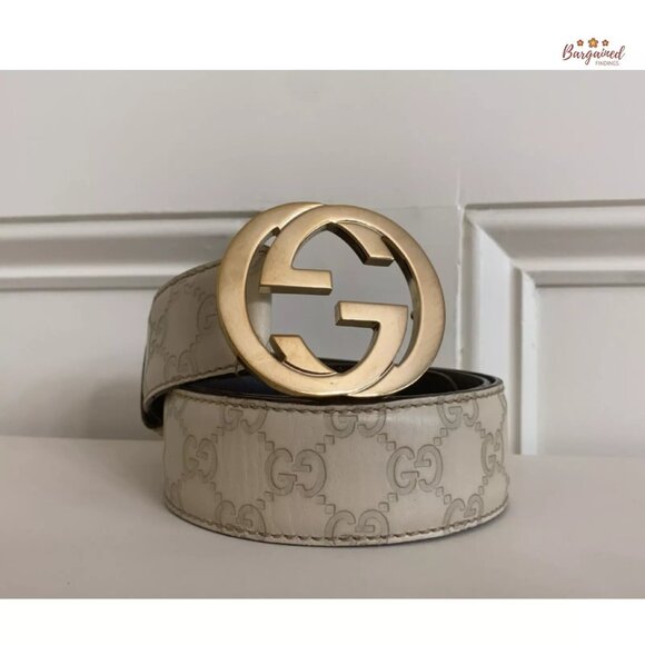 Authentic Gucci Cream Guccissima Leather Gold Interlocking G Buckle Belt 85/34 - Picture 12 of 12